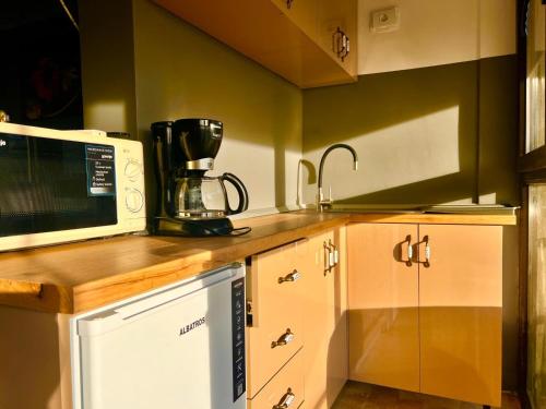 a kitchen with a microwave and a coffee maker on a counter at Apartament Gul Mona Saturn in Saturn