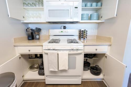 a kitchen with a stove and a microwave at Ballston Getaway King Suite in Arlington