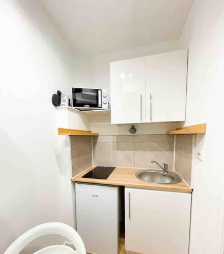 une petite cuisine avec un évier et un micro-ondes dans l'établissement L'Echappée Nantaise, à Nantes