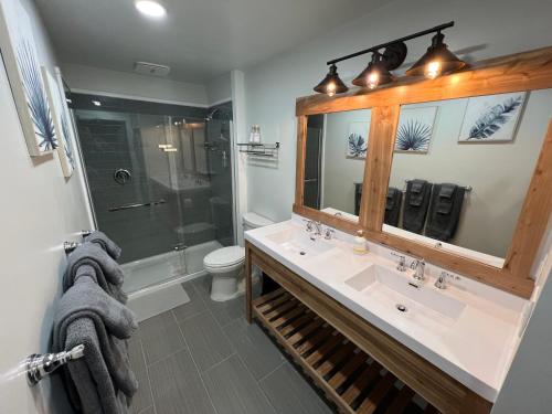 uma casa de banho com um lavatório e um chuveiro em Borealis Escapes Apartment 