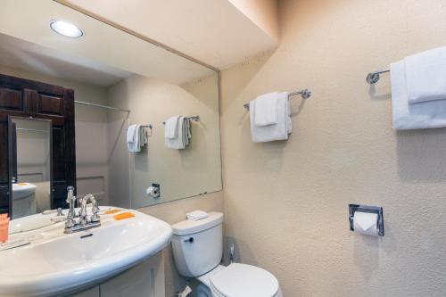 a bathroom with a sink and a toilet and a mirror at Manitou Lodge 4 by Alpine Lodging Telluride in Telluride