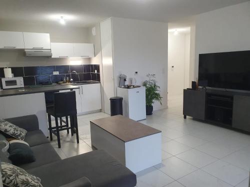 un salon avec un canapé et une cuisine dans l'établissement Appartement à Floirac avec 2 chambres, un parking privé, une terrasse, à 5 minutes en voiture de l'Arkéa Arena de Bordeaux, à Floirac