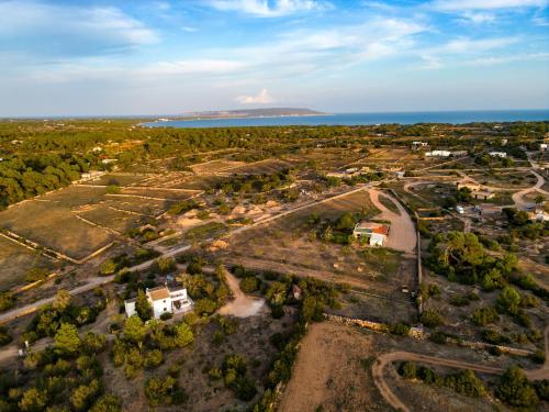 an aerial view of a town with the ocean at Ses Oliveres in Cala Saona