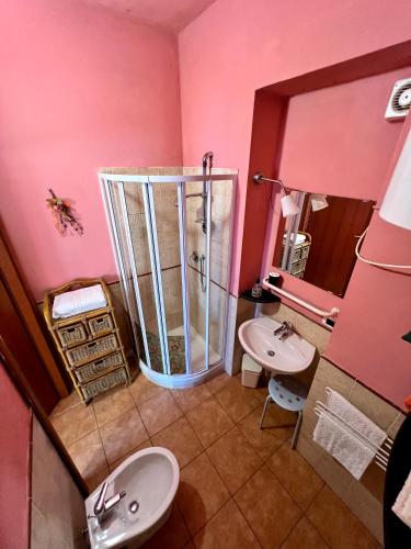 a bathroom with a shower in a pink wall at La Casa Rosa in Borghetto di Vara