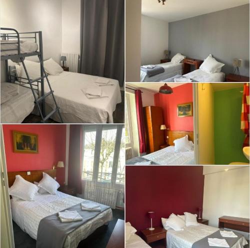 a collage of four pictures of a room with two beds at LE MEDITERRANEEN Montargis in Montargis