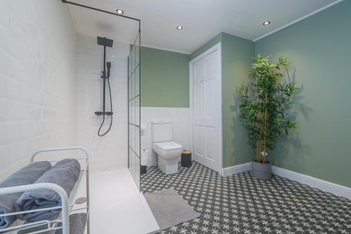 a bathroom with a shower and a toilet and a plant at Poppy's Pad - Winchester Road in Liverpool