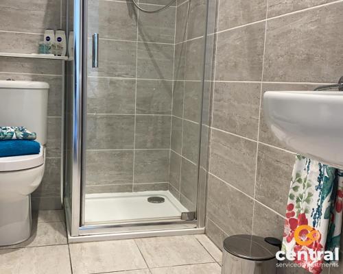 a bathroom with a shower and a toilet and a sink at 1 Bedroom Apartment by Central Serviced Apartments - Walk Away From Main Attractions - Parking Available - Close to Bus and Train Station - Easy Access to City Centre - Wi-Fi - Fully Equipped - Monthly-Weekly Stay Offers in Dundee