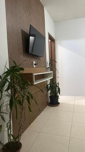 una habitación con TV en una pared con plantas en Residencial Maldonado Eckert - Enseada - Praia Grande, en São Francisco do Sul