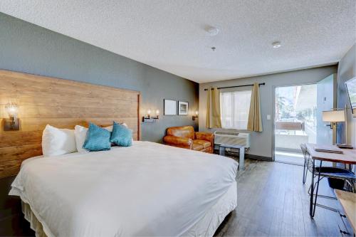 a bedroom with a large bed with blue pillows at The Infusion Beach Club in Palm Springs
