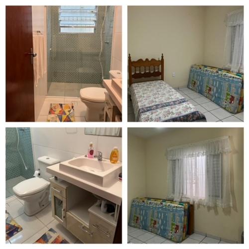 quatro fotografias de uma casa de banho com um lavatório e um WC em Casa Praia Grande em Solemar