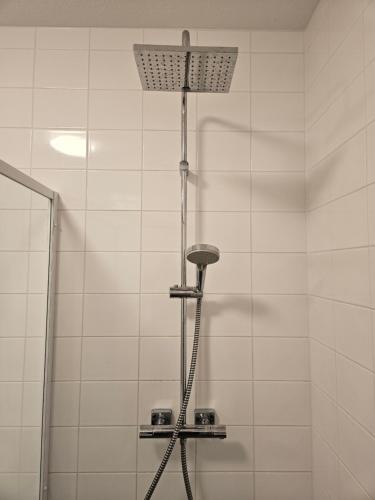 a bathroom with a shower with a basket on the wall at Residence Gilze in Gilze