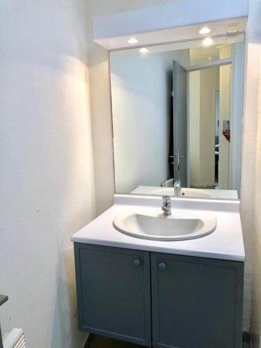 une salle de bain avec un lavabo et un miroir dans l'établissement Maisonnette cosy avec terrasse et parking - Bord de mer, à Guidel