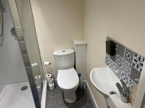 a small bathroom with a toilet and a sink at Self Contained Annex in Potterspury