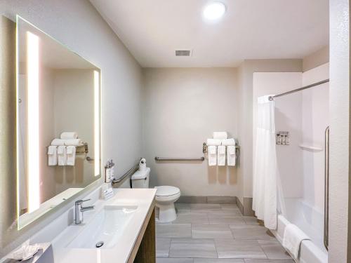 a white bathroom with a toilet and a sink at Holiday Inn Express Hotel & Suites Ennis by IHG in Ennis