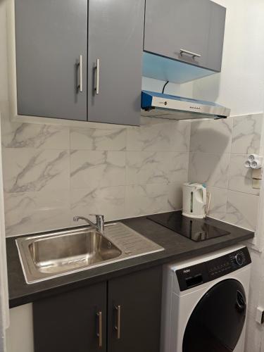 Il comprend une petite cuisine équipée d'un évier et d'un lave-vaisselle. dans l'établissement Détente urbaine, à Aubervilliers