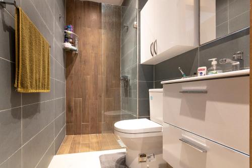 La salle de bains est pourvue d'une douche et de toilettes. dans l'établissement Charmant appartement près de TGV, à Kenitra