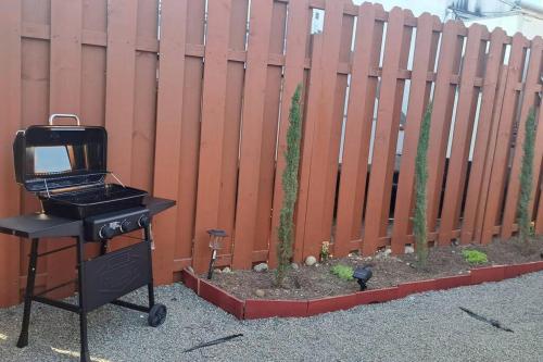a grill sitting next to a fence with a cactus at Sunset Trailer Park RV # 2 in El Suazal