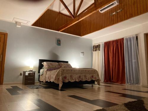 Schlafzimmer mit einem Bett in einem Zimmer mit Holzdecken in der Unterkunft Amplia habitación con Jacuzzi in Valdivia
