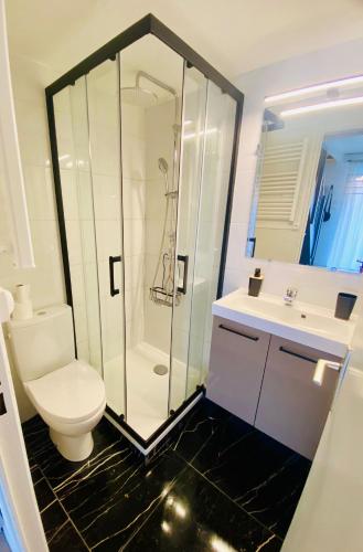 une salle de bain avec une douche, des toilettes et un lavabo dans l'établissement Maisonnette chaleureuse au pied du port, à Port-Leucate