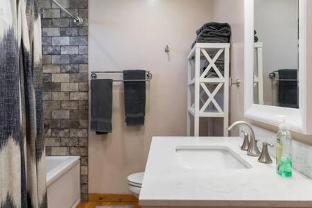 ein Bad mit einem Waschbecken, einem WC und einer Dusche in der Unterkunft Teton Crest Lodge Sleeps 24 Ideal Reunion Spot in Driggs