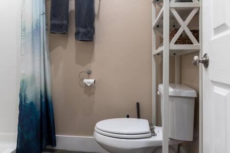 a bathroom with a white toilet and a shower at Teton Crest Lodge Sleeps 24 Ideal Reunion Spot in Driggs