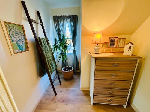 Zimmer mit Kommode mit Lampe und Pflanze in der Unterkunft Serenade Cottage in the Country in Hanceville