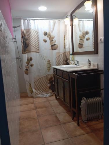 a bathroom with a shower curtain and a sink at Casa de Campo Ismael in El Acebrón