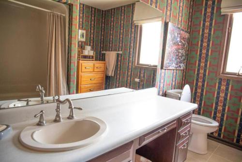 y baño con lavabo, aseo y espejo. en Private 313 Acre retreat/lakes/direct forest entry, en Buena Vista