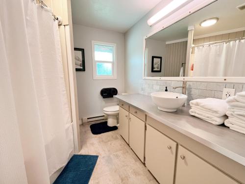 a white bathroom with a sink and a toilet at Roberts Roost Resort in Quesnel