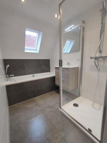 a bathroom with a shower and a sink at Vakantiebungalow Het Egelhuis in Gramsbergen