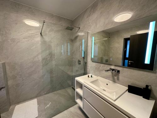 a bathroom with a sink and a glass shower at Fantasy Daydream Mansion in Novalja