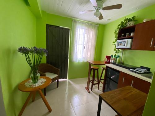 eine Küche mit grünen Wänden und einem Tisch mit Blumen darauf in der Unterkunft Iluminada y confortable habitaciones en Casa Margarita Oaxaca in Oaxaca de Juárez