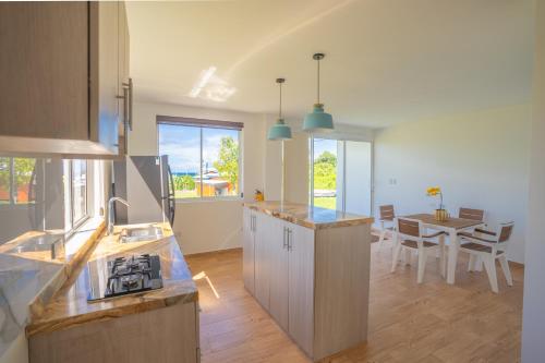 a kitchen and dining room with a table in it at Luxury Eco Apartament in Playa Aguadulce