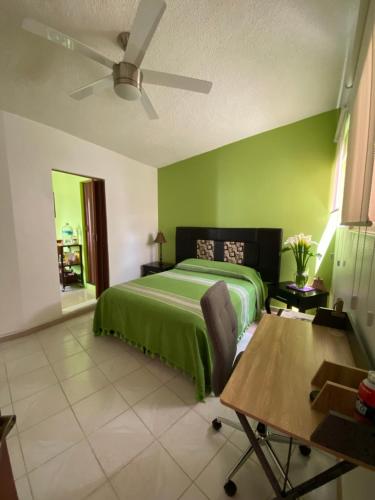 a green bedroom with a bed and a ceiling fan at Iluminada y confortable habitaciones en Casa Margarita Oaxaca in Oaxaca City
