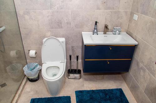 a bathroom with a toilet and a sink with rugs at Chateau Apartment in New Kingston