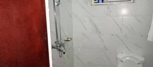 uma casa de banho com um chuveiro em mármore branco e um WC. em Pals Inn em Busia