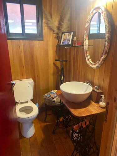 a bathroom with a white toilet and a sink at La Alegría in Alegre