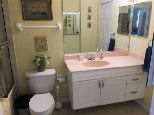 a bathroom with a toilet and a sink and a mirror at Beach, Oceanfront, Flagler Beach Rental in Flagler Beach