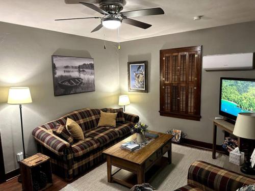 a living room with a couch and a flat screen tv at The Great River Retreat in New Albin