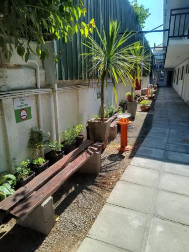 una panca di legno seduta accanto a un muro con piante in vaso di Apart Hotel Melipilla a Melipilla