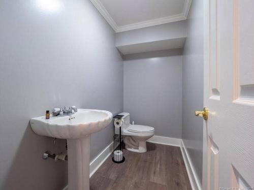 un bagno bianco con lavandino e WC di Candlewood Lake -Family Getaway, Lakefront 3775 sqft Home a Danbury