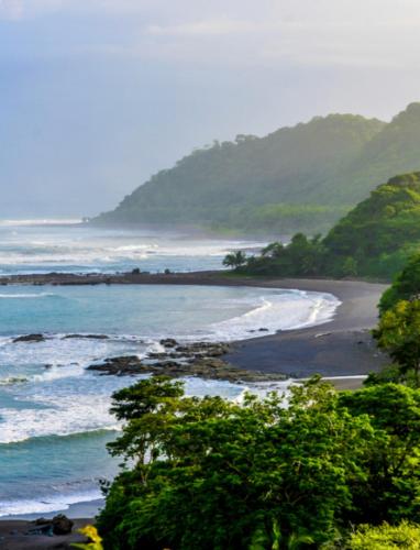 a beach with a black sand and the ocean at Treetops in Cambutal