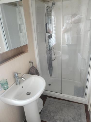 a white bathroom with a shower and a sink at Swn y Mor (Glamorgan 23) in New Quay