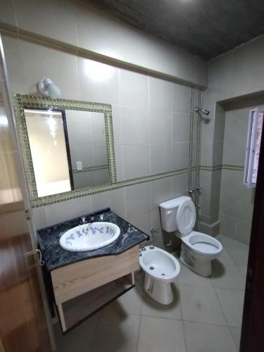 a bathroom with a sink and a toilet and a mirror at Depto Otero in San Salvador de Jujuy