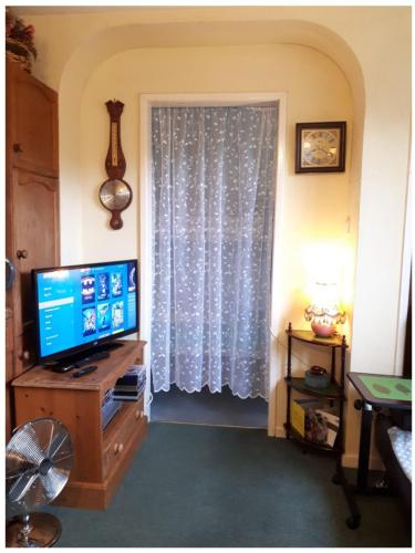 a living room with a television and a window at Private Annex, Little Flat, Private Entrance in Nottingham