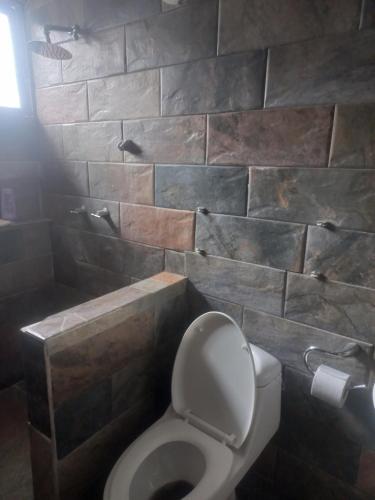 a bathroom with a toilet and a stone wall at Casa de Rachel 