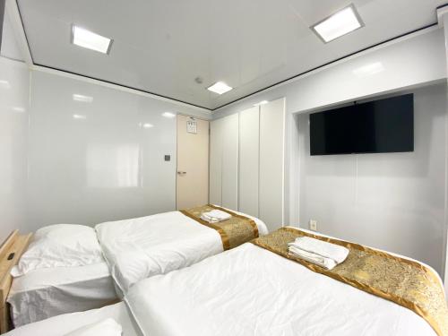 a bedroom with two beds and a flat screen tv at Ueno正和ビル in Tokyo