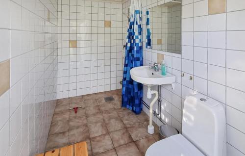 ein Badezimmer mit einem Waschbecken, einem WC und einem Spiegel in der Unterkunft Gorgeous Home In Jmj With Kitchen in JÃ¤mjÃ¶