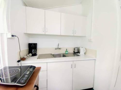 a small kitchen with white cabinets and a sink at Guesthouse in Suva in Suva