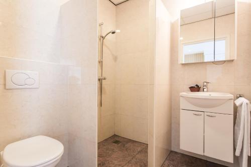 een badkamer met een toilet en een douche bij Hotel Cafe Restaurant De Gouden Karper in Hummelo